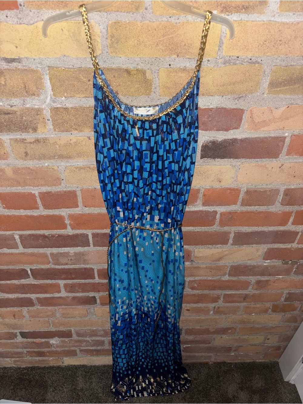 Seven Islands Gold and Blue Bohemian Coastal Whimsigoth Maxi Dress